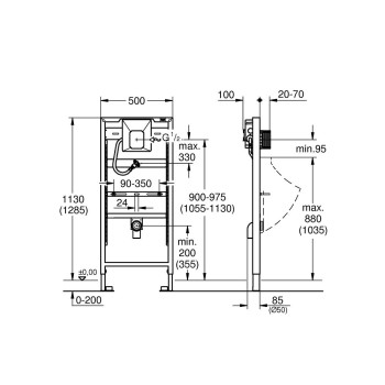 Монтажная рама для писсуара Grohe Rapid SL, 500x100 мм, h=1130 мм, со смывным механизмом Rapido U