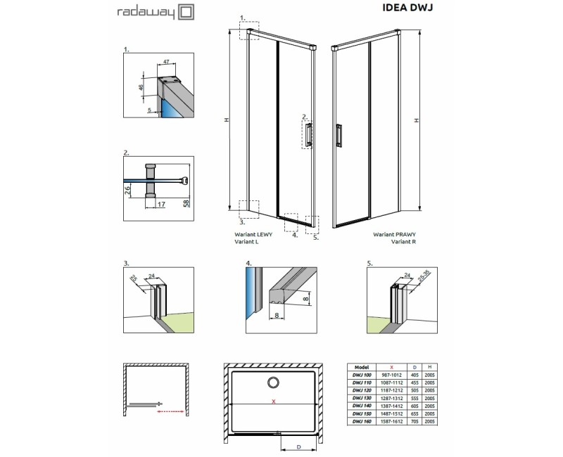 Radaway Dušas durvis Idea DWJ 140 L/R