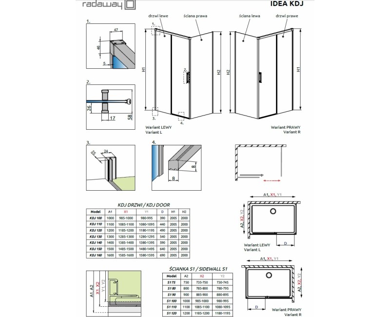 Radaway Stačiakampė dušo kabina Idea KDJ 100x90cm, 100L/90R