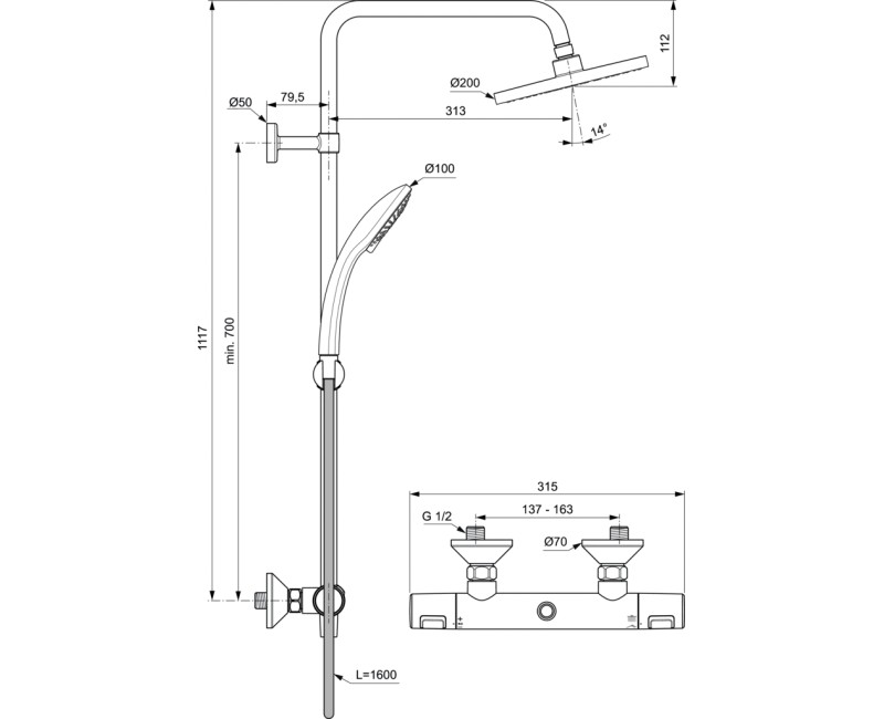 Ideal Standard Ceratherm T25 dušas sistēma, A7208AA