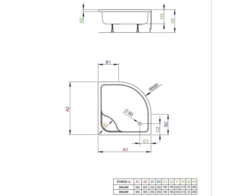 Radaway Dušas paliktnis dziļais INDOS A 900x900, balts