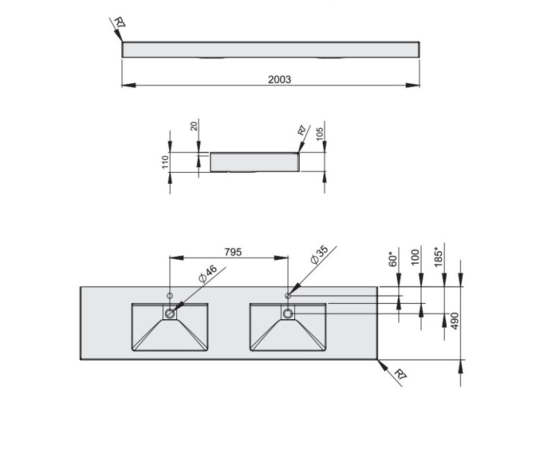 Praustuvė PAA LONG STEP DUO Akmens masė 2010x490mm, Balta