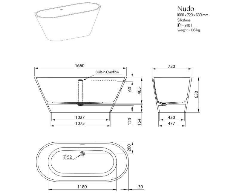 Vanna PAA DECO NUDO SilkStone 1660x725mm matinė pilka