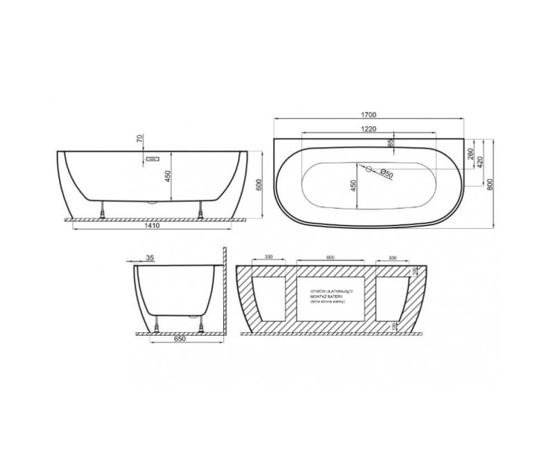 Polimat Laisvai stovinti vonia RISA 170x80 cm, 00445