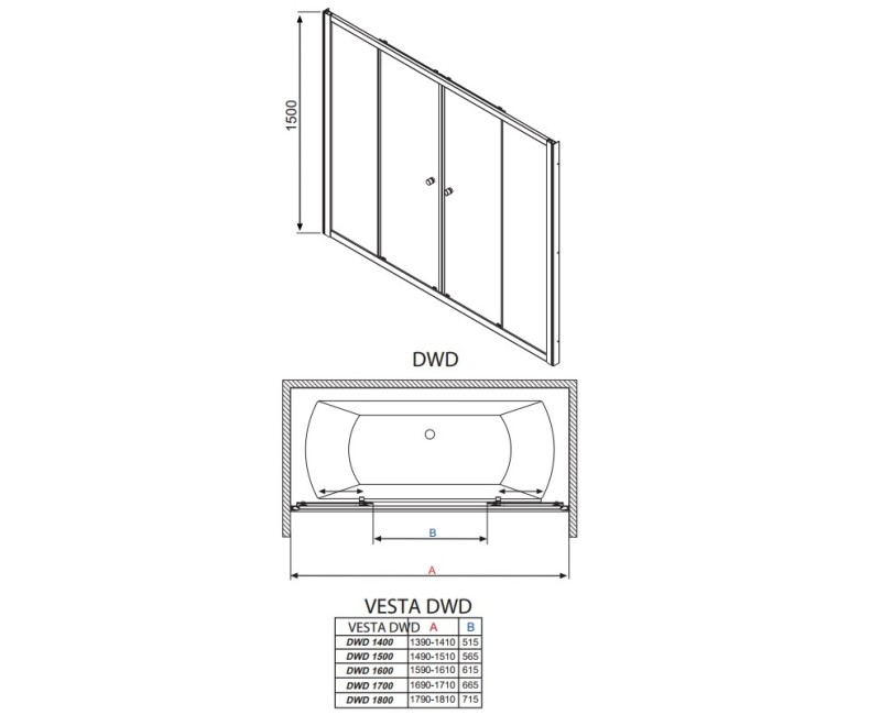 Radaway Bīdāmās vannas durvis Vesta DWD 180 cm