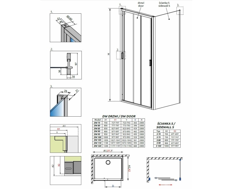 Radaway Taisnstūrio dušas kabina EVO DW+S 100x80 cm