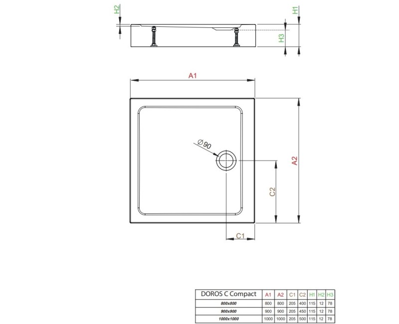 Dušas paliktnis Radaway DOROS C Compact Kvadratinis 90x90cm