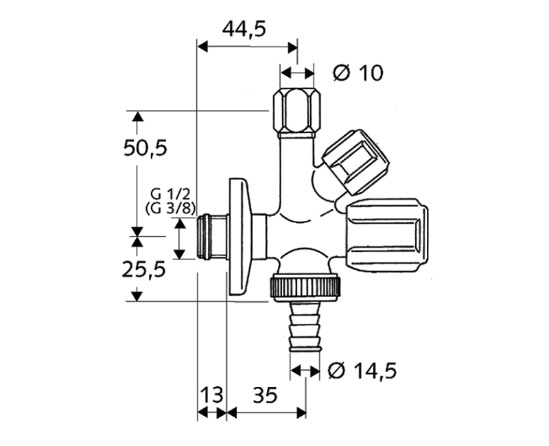 SCHELL Stūra ventīlis 1/2 x 3/4-3/8, hromēts 035510699