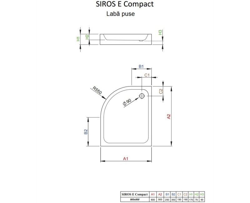Radaway Асимметричный полукруглый поддон SIROS E Compact 90x80cm R