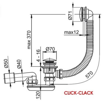 Vannas sifons Ravak 570 C-C K/K, darbināms ar mehānismu Click-Clack, hroms X01377