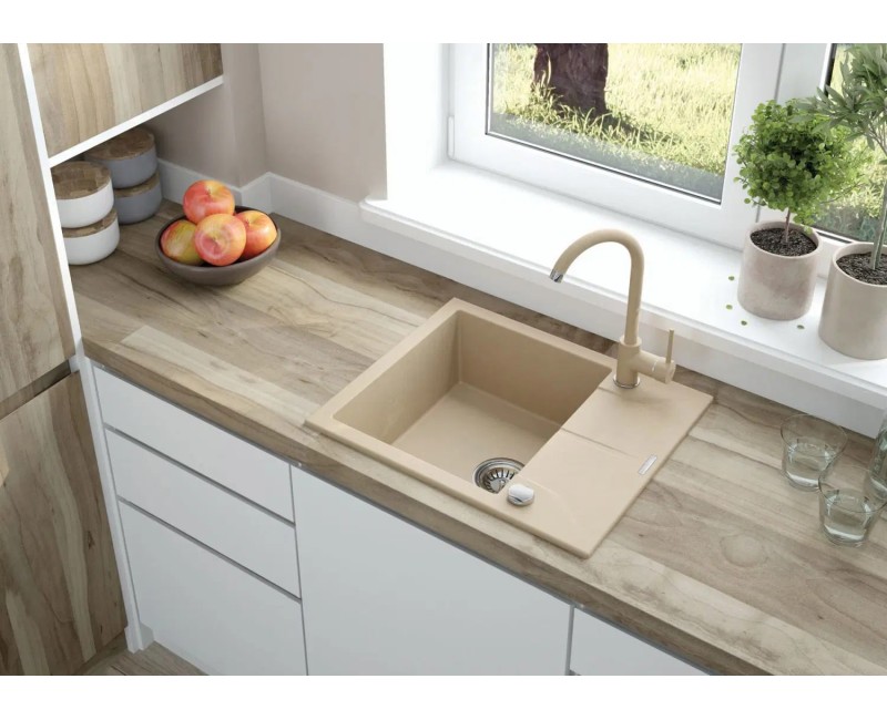 МОЙКА ANDANTE 1-BOWL GRANITE SINK С КОРОТКИМ КРЕНОМ 590x490x194, ALABASTER, С ЭКОНОМИЯ ПРОСТРАНСТВА